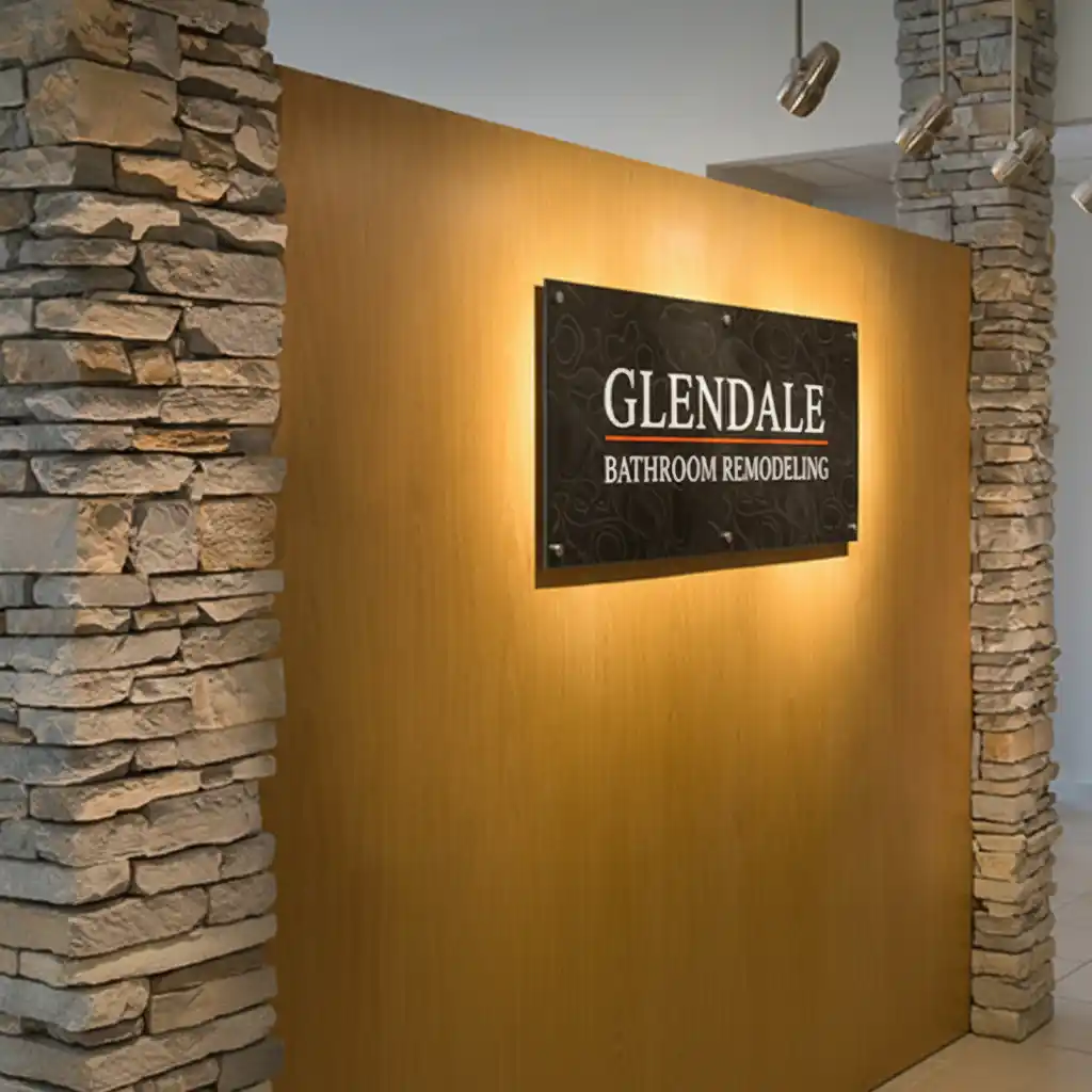 Glendale Bathroom Remodeling office interior with company logo and branding on wall